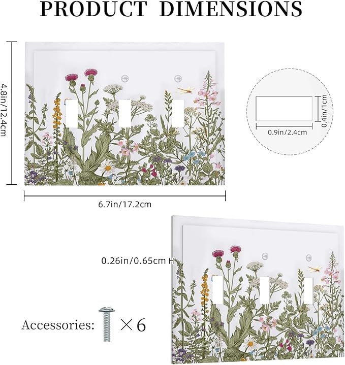 Rustic Wild Floral Vintage Teal Botanical Triple Toggle Light Switch Cover Decorative 3 Gang Wall Plates Electrical Faceplate for Decor Bathroom Kitchen Bedroom
