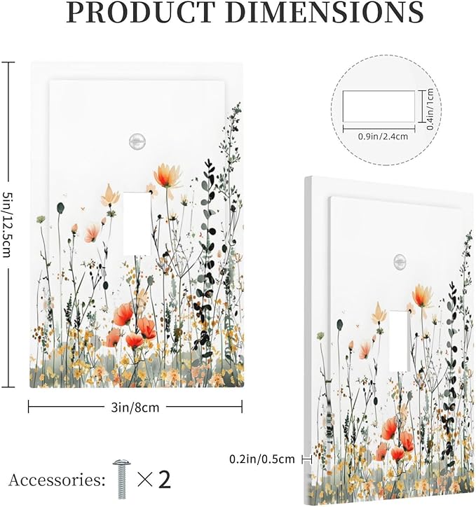 Vintage Country Style Watercolor Leaves Wildflowers Floral Decorative Light Switch Cover 1 Gang Single Toggle Device Electrical Faceplate Switchplates Decorator Outlet Wall Plate for Bedroom Home