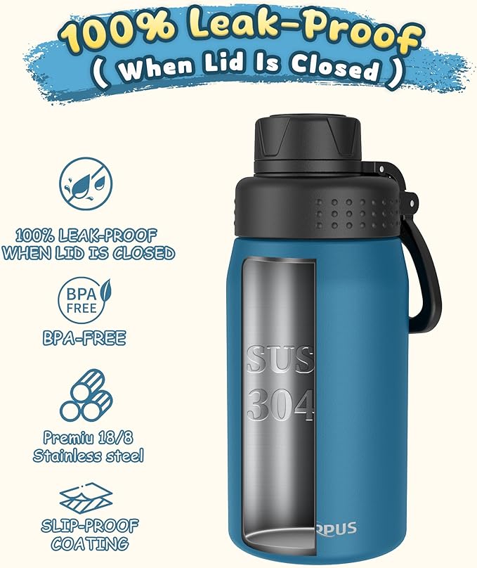 GOPPUS 15oz Kids Water Bottle with Spout Lid, Toddler Water Bottle, Stainless Steel Insulated Water Bottle, Leakproof, BPA Free, Suitable for Boys and Girls for School（Navy Blue）
