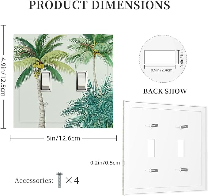 Tropical Palm Tree & Paradise Leaves Double Toggle Switch Cover - 2-Gang Standard US Size Island Vacation Vibes Light Switch Covers for Living Room Decor