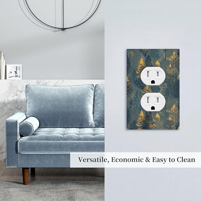 Decorative Outlet Covers with Golden Trees & Abstract Gradient Forest Landscape Design 1 Gang Duplex Light Switch Cover Plate Unique Wall Plates Switchplate Cover for Blue Retro Home Decor