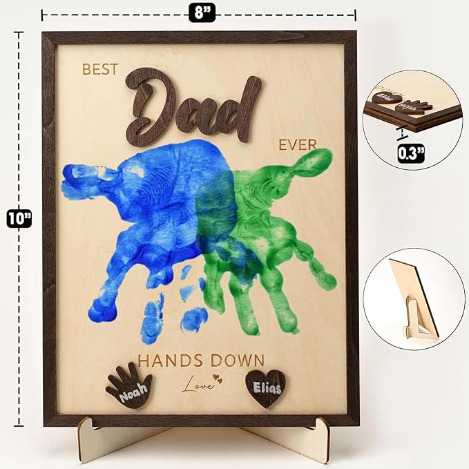 NELXI Best Dad Ever Gifts - Personalized Wooden Handprint Keepsake Frame, DIY Handprint Kit for Kids, Meaningful Family Decor and Sentimental Gift for Dad, Grandparents from Children
