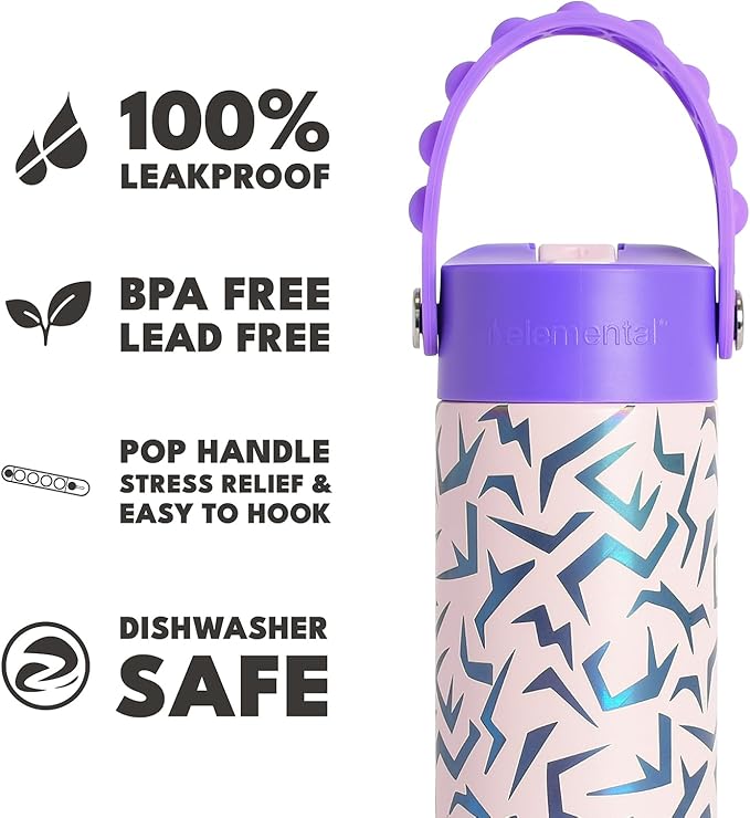 Elemental Insulated Kids Water Bottle, Stainless Steel Water Bottle with Straw Lid & Pop-It Handle, Leak-Proof Water Bottles for School, Boys or Girls, Travelling and Sports, 18oz - Light Patterns