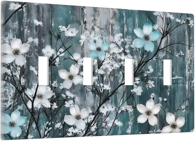 Rustic Blue Watercolor Flower Wooden Background Light Switch Covers Quad Toggle Electrical Faceplate 4 Gang Wall Plate Decorative Switch Plates for Bedroom Living Room Decor