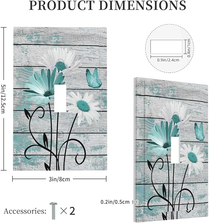Teal White Daisy Flower Butterfly On Rustic Wood Board Decorative Light Switch Cover 1 Gang Single Toggle Device Electrical Faceplate Switchplates Decorator Outlet Wall Plate for Farmhouse Bedroom