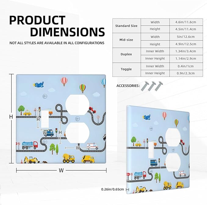 Road Construction Car Truck Hot Air Balloon Wallplates 1 Toggle 1 Duplex Switch Plate Electrical GFCI Faceplate Decorative Light Switch Covers for Nursery Kids Room Decor
