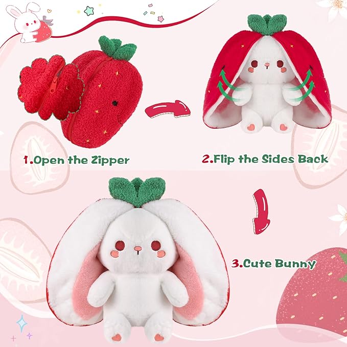 MIAODAM Easter Strawberry Bunny Plush Toy- Cute Soft Huggable Stuffed Animal for Kids & Collectors, Birthday Present & Nursery Decor 10inch