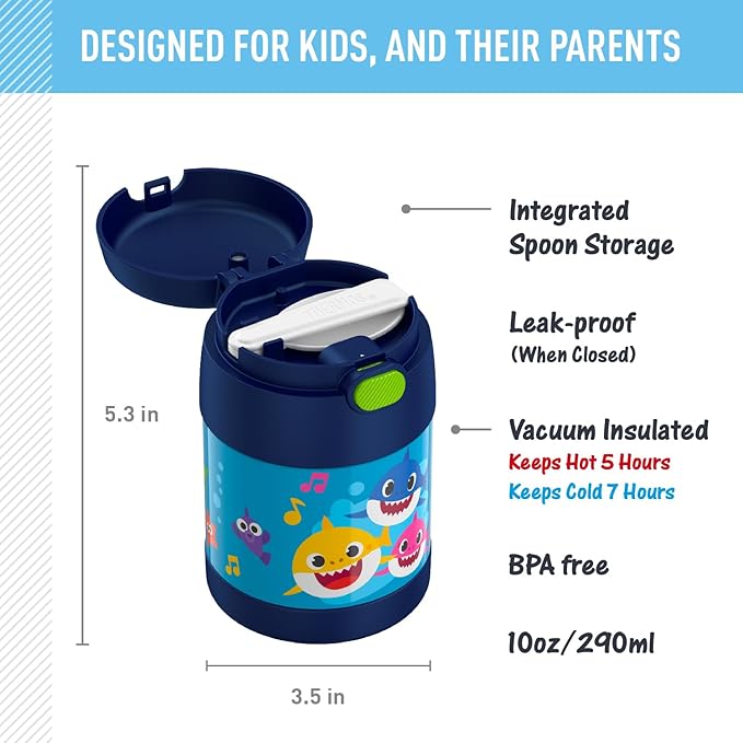 THERMOS FUNTAINER 10 Ounce Stainless Steel Vacuum Insulated Kids Food Jar with Spoon, BABY SHARK