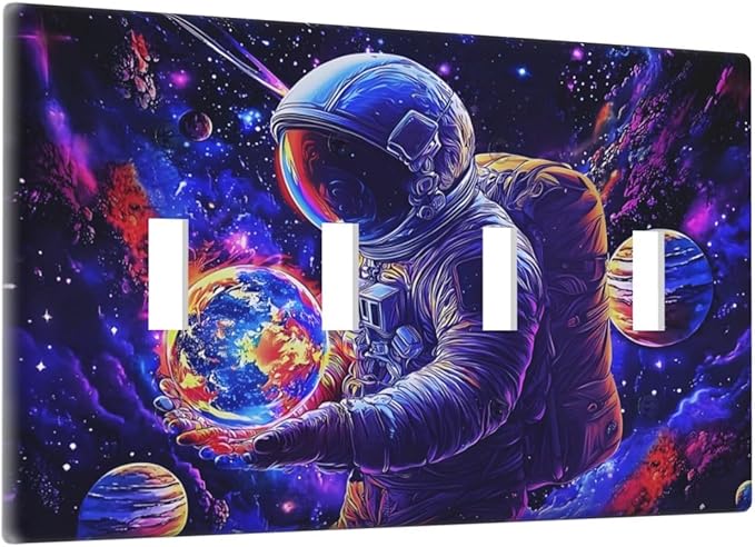 Astronaut Space Cool Galaxy Planet Light Switch Covers Quad Toggle Electrical Faceplate 4 Gang Wall Plate Decorative Switch Plates Cover for Kids Room Nursery Decor