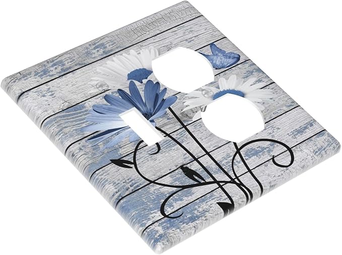 Blue White Daisy Flower Butterfly Rustic Wood Board Wallplates 1 Toggle 1 Duplex Switch Plate Electrical GFCI Faceplate Decorative Light Switch Covers for Farmhouse Bedroom Decor
