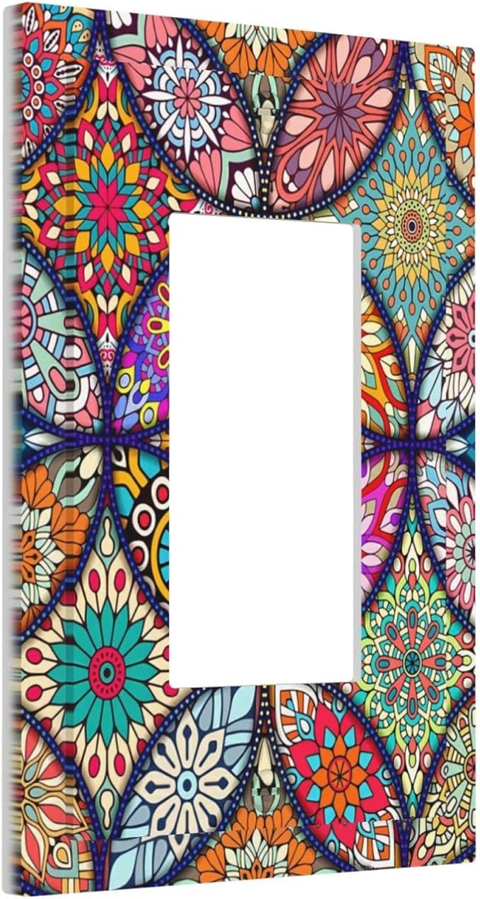 Bohemian Single Rocker Outlet Wall Plate Decorative 1 Gang Light Switch Cover colorful Vintage Floral Mandala Flower Decora Electrical Gfci Switchplate for Kitchen Bathroom Home Decor