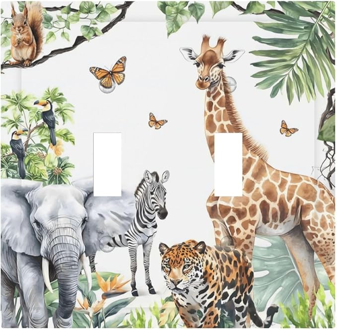 Elephant Giraffe Jungle Animals Leopard Zoo Decorative Switch Plates 2 Gang Double Toggle Outlet Light Switch Cover Wall Plate Electrical Faceplate for Kids Room Nursery Decor