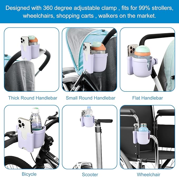 Accmor Stroller Cup Holder with Phone Holder, Bike Cup Holder, Universal Cup Holder for Uppababy Nuna Doona Strollers, 2-in-1 Cup Phone Holder for Stroller Bike Accessory