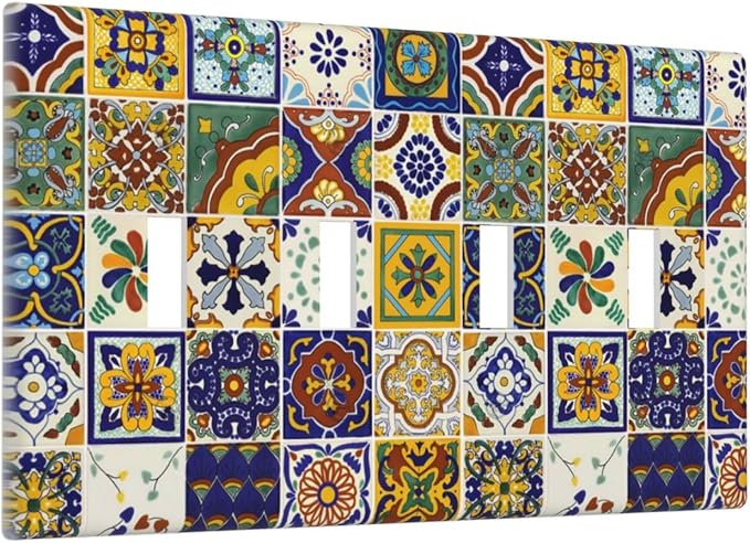 Yellow Mexican Moroccan Sun Tile Decorative 4 Gang Quad Toggle Light Switch Cover Electric Large Size Quadruple Faceplate Decorative Switch Face Wallplate