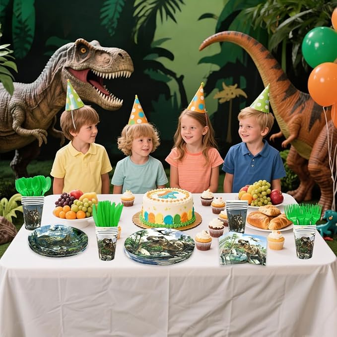 175 Pcs Dinosaur Party Birthday Supplies Dino World Themed Tableware Set Includes Plates Napkins Cups Knives Fork Spoon for Boys Kids Dinosaur Party Supplies Decorations Serve 25 Guests