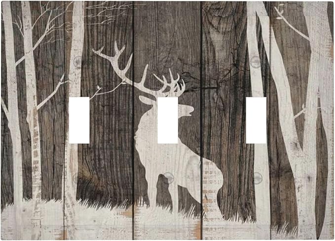 Vintage Wood Forest Deer Wildlife Animal Silhouette Decorative Switch Plates 3 Gang Wall Plate Triple Toggle Light Switch Cover Faceplate Electrical Wall Panels for Farmhouse Home Decor