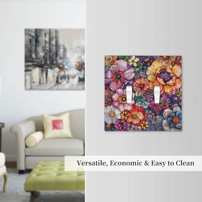 Decorative Switch Plates Colorful Bohemian Flowers Vintage Boho Floral 2 Gang Double Toggle Outlet Light Switch Cover Wall Plate Electrical Faceplate for Bed Room living Room Decor
