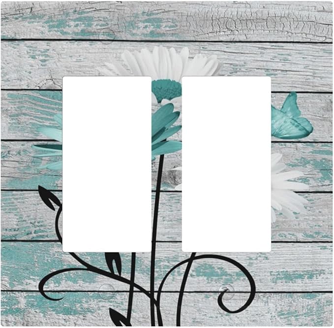 Teal White Daisy Flower Butterfly On Rustic Wood Board Decorative Outlet Covers 2 Gang Double GFCI Rocker Electrical Wall Panels Light Switch Cover Plate for Farmhouse Bedroom Decor