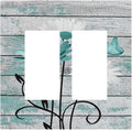 Teal White Daisy Flower Butterfly On Rustic Wood Board Decorative Outlet Covers 2 Gang Double GFCI Rocker Electrical Wall Panels Light Switch Cover Plate for Farmhouse Bedroom Decor