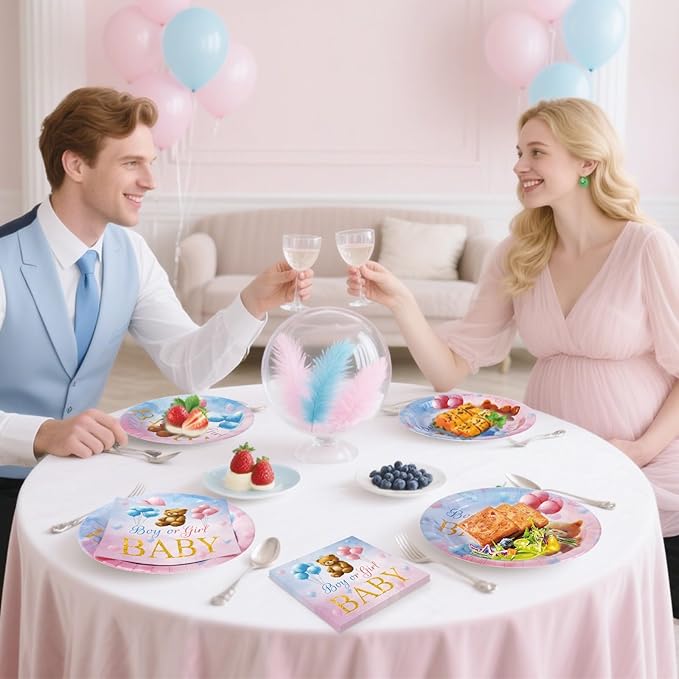 40 Pcs Gender Reveal Decorations - Boy or Girl Plates and Napkins Set, Pink and Blue Baby Bear Paper Plates Napkins Disposable Tableware for Gender Reveal Party Supplies Table Decor Favors, Serve 20