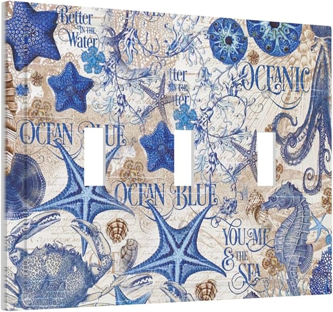 Decorative Switch Plates Vintage Sea Blue Seahorse Starfish Octopus 3 Gang Wall Plate Triple Toggle Light Switch Cover Faceplate Electrical Wall Panels For Kids Room Home Decor