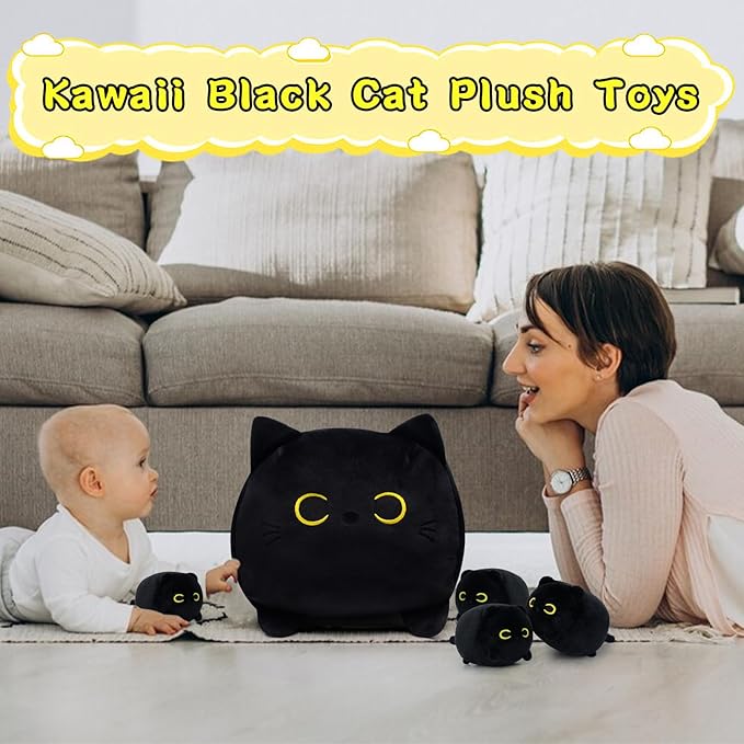 Cat Stuffed Animals with Babies, Black Cat Plush with Babies, Mommy Cat with 4 Baby Kittens Kawaii Black Cat Plushie Toy Birthday Gifts for Kids Boys Girls