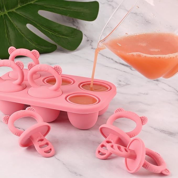 Moukiween Toddler Popsicle Molds Baby Food Storage Containers Suitable for Fresh Frozen Fruit Puree and Yogurt Ice Cream with Handle Food Freezer Trays (Pink)