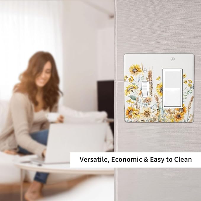 Yellow Floral Sunflowers Wheat Ears Watercolor Wild Flowers Outlet Covers 1 Toggle 1 Rocker Combination Decorative Wall Plate Electrical Switch Plates Light Switch Cover Plate for Bedroom Living Room