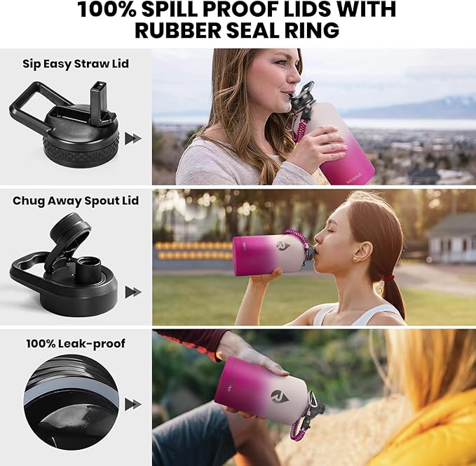 RAYMYLO One Gallon Water Bottle Insulated, Triple Walled Vacuum Stainless Steel (Cold for 48 Hrs), Leak Proof & Non-BPA, Large Water Flask Jug with Paracord Handle & Straw Spout Lids