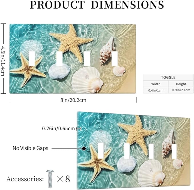 Light Switch Covers Beach Starfish Ocean Conch Cameo Shell Quad Toggle Electrical Faceplate 4 Gang Wall Plate Decorative Switch Plates For Decor Kids Room Decor