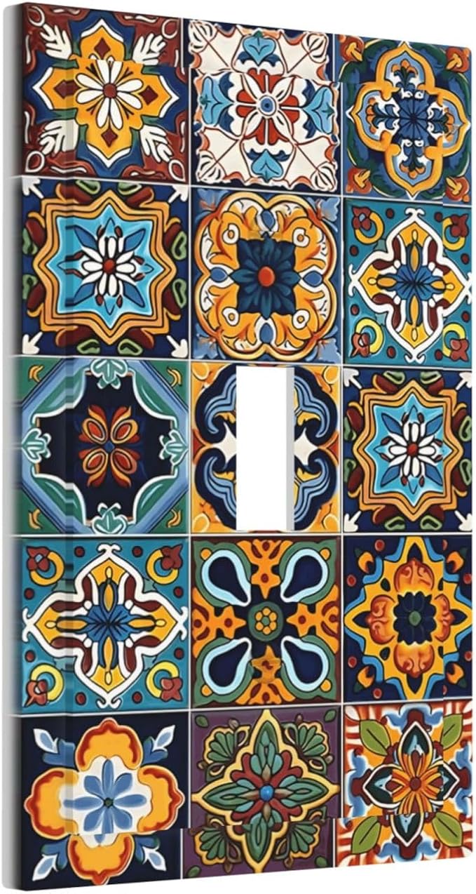 Mexican Talavera Tiles Floral Decorative Light Switch Cover 1 Gang Single Toggle Device Electrical Faceplate Switchplates Decorator Outlet Wall Plate for Bathroom Kitchen Decor