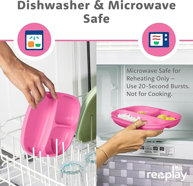 Re-play 3x3 Divided Toddler Plates and Utensils Set - Toddler Forks and Spoons Set - Dishwasher and Microwave Safe - Made in USA - Berry