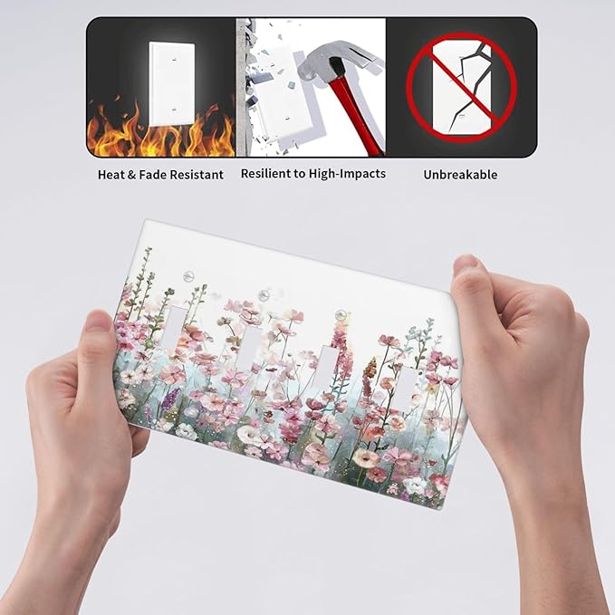 Colorful Flowers Pink Floral Watercolor Plant Light Switch Covers Quad Toggle Electrical Faceplate 4 Gang Wall Plate Decorative Switch Plates for Bed Room Living Room Decor