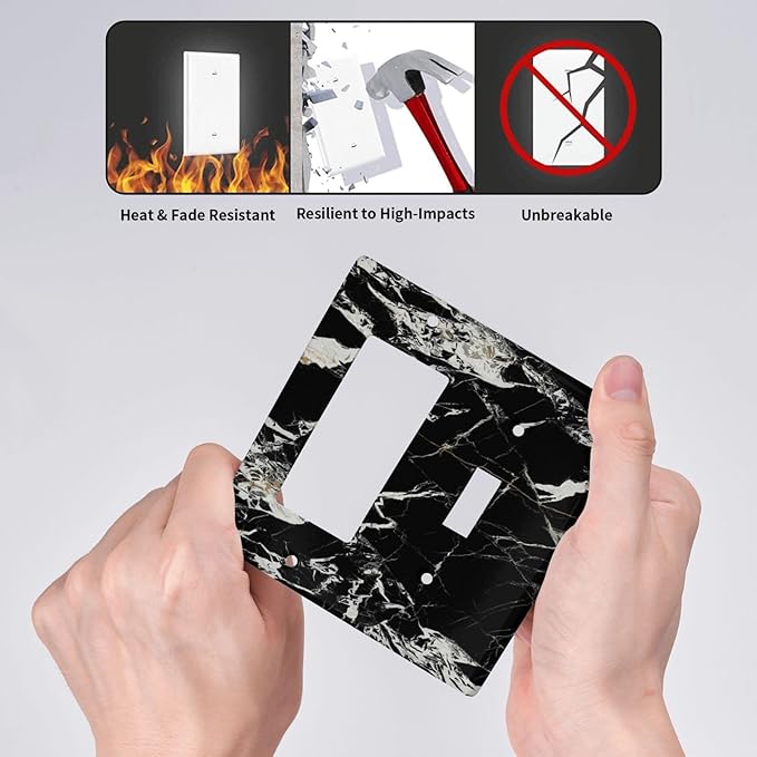 Black Marble Patterns Low Key Luxurious Outlet Covers 1 Toggle 1 Rocker Combination Decorative Wall Plate Electrical Switch Plates Light Switch Cover Plate for Bathroom Kitchen Decor