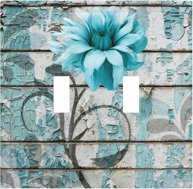 Vintage Floral Double Toggle Switch Cover - 2-Gang Standard US Size Rustic Farmhouse Teal Flower Distressed Brick Light Switch Covers for Bedroom Bathroom Decor