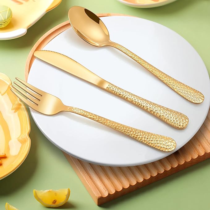 LIANYU 12-Piece Kids Gold Silverware Set, Stainless Steel Toddler Utensils, Hammered Metal Preschooler Flatware Cutlery Set, Children Tableware Includes Knives Forks Spoons, Dishwasher Safe