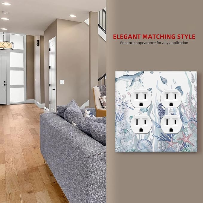 Ocean Themed Coral Seahorse Seashell Starfish Beach Outlet Covers 2 Gang Double Duplex Decorative Light Switch Covers Electrical Wallplates Socket Faceplate for Bathroom Home Decor
