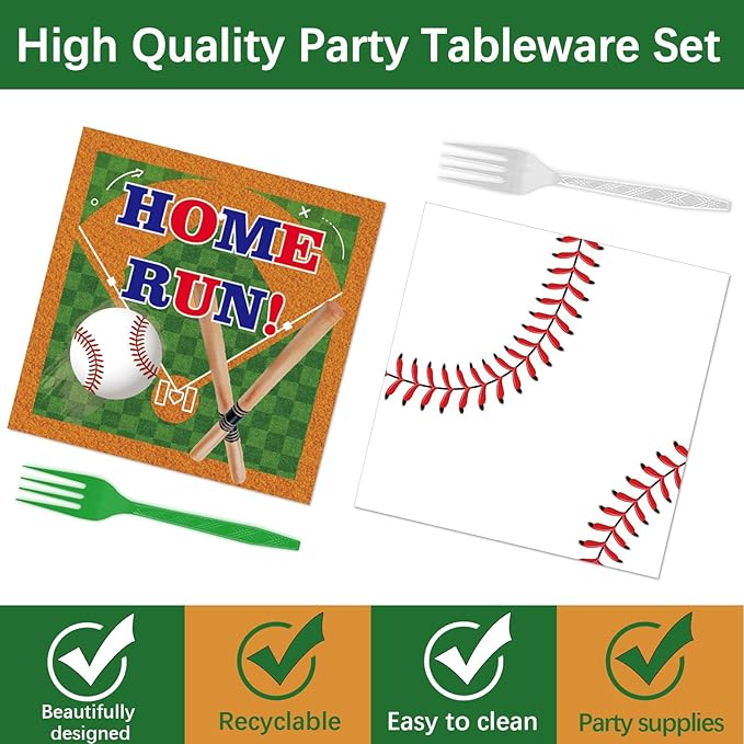 CHUNNIN 96pcs Baseball Birthday Party Plates and Napkins for Baseball Party Supplies Sports Birthday Party Disposable Paper Plates Tableware Set for 24 Guests Baseball Game Party Decorations