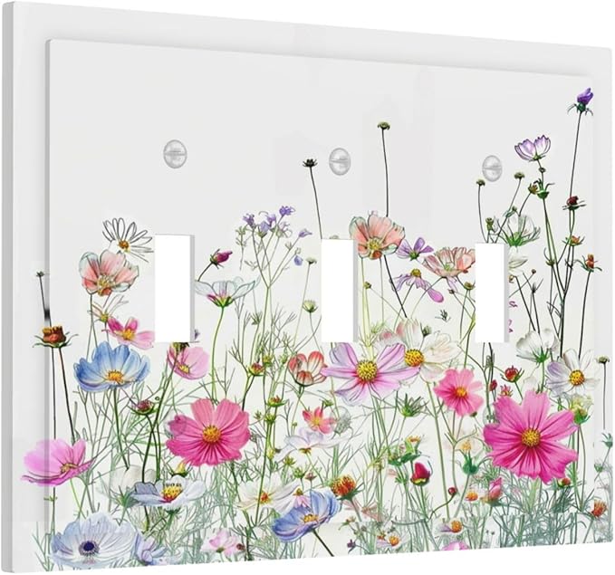 Decorative Switch Plates Boho Colorful Flowering Plant Wild Flower 3 Gang Wall Plate Triple Toggle Light Switch Cover Faceplate Electrical Wall Panels For Bed Room Living Room Decor