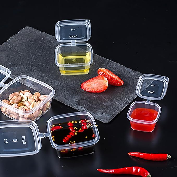 Square-shaped Disposable Sauce Cup Set - All-in-One Design with 4 Size Options, Convenient for Carrying and Use (1 oz.)