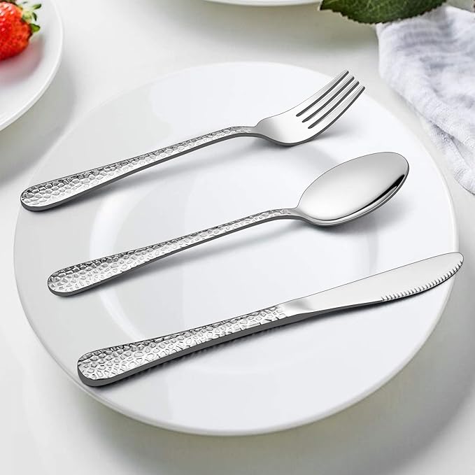 Hammered Kids Utensils Silverware Set, LIANYU 9-Piece Stainless Steel Toddler Child Flatware Cutlery, Cute Baby Feeding Tableware for Boys and Girls, Dishwasher Safe
