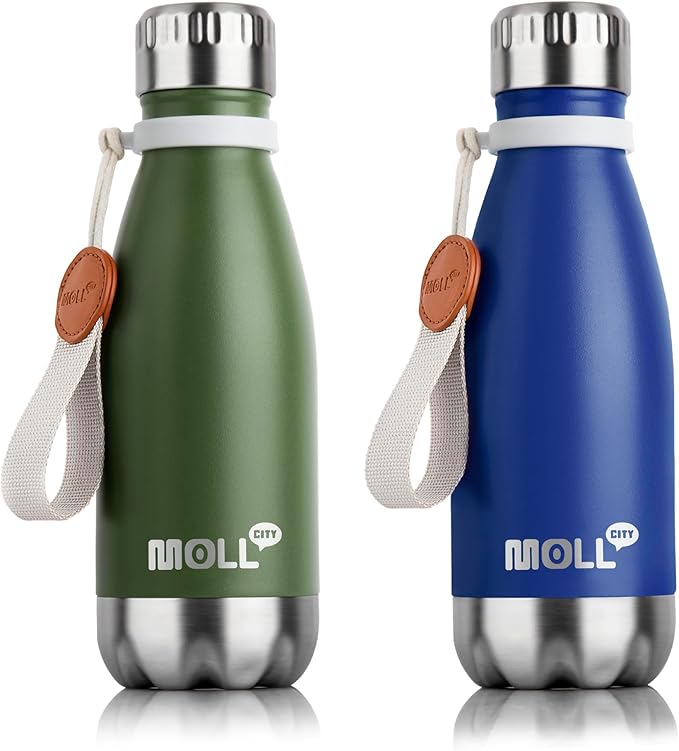 Kids Water Bottle-9 oz Stainless Steel Vacuum Insulated Waters Bottle for Kids for School, Leak Proof Cola Shape Travel Small Water Bottle for Boys (Grass Green-Navy)