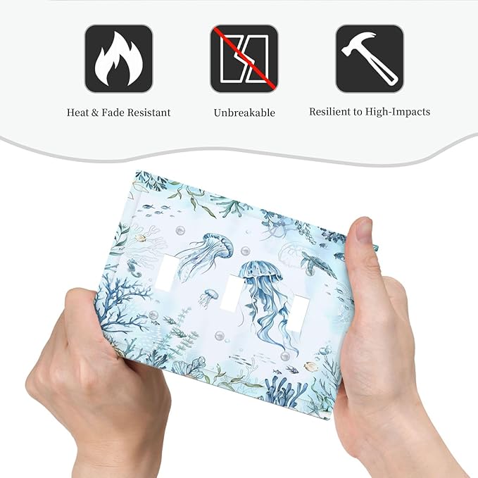 Decorative Switch Plates Jellyfish Teal Blue Ocean Turtle Coastal Beach 3 Gang Wall Plate Faceplate Triple Toggle Light Switch Cover Electrical Wall Panels for Bedroom Bathroom Decor
