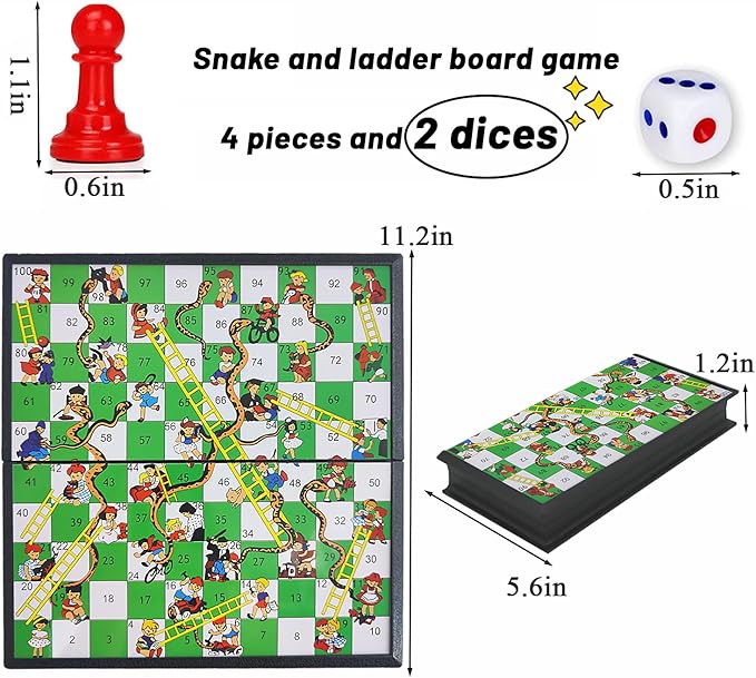 KIDAMI Magnetic Snakes and Ladders Board Game Set for Kids and Adults, 7. 64 Inches & 9.75 Inches & 11.2 Inches