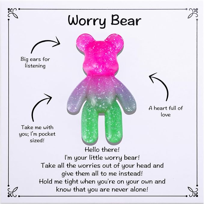 Aesnefe Pocket Worry Bear Hug, Anxiety Relief Keepsake, Mental Health Encouragement Gift, Emotional Support Token, Stress Comfort Gift for Teens & Adults, Pink Green