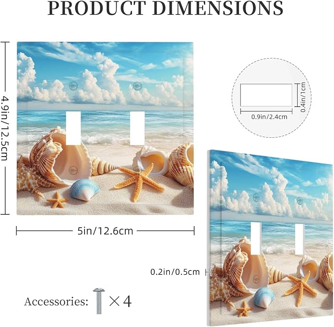 Beach Coastal Seashore Sea Starfish Shell Sand Decorative Switch Plates 2 Gang Double Toggle Outlet Light Switch Cover Wall Plate Electrical Faceplate for Bathroom Home Decor