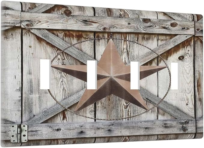Rustic Western Texas Star Barn Door Quad Toggle Light Switch Cover Decorative Vintage Country Wood 4 Gang Wall Plate Electrical Faceplate Switchplate for Farmhouse Bathroom Home Living Room Decor