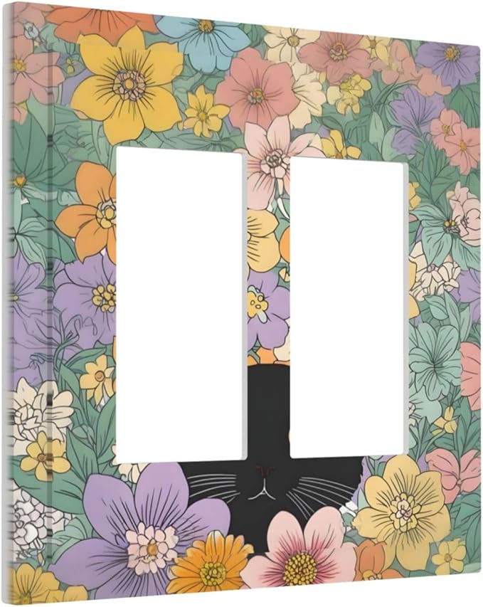 Decorative Outlet Covers Funny Cute Cartoon Cat Floral Colorful Flower 2 Gang Double Gfci Rocker Electrical Wall Panels Light Switch Cover Plate For Kids Room Nursery Decor