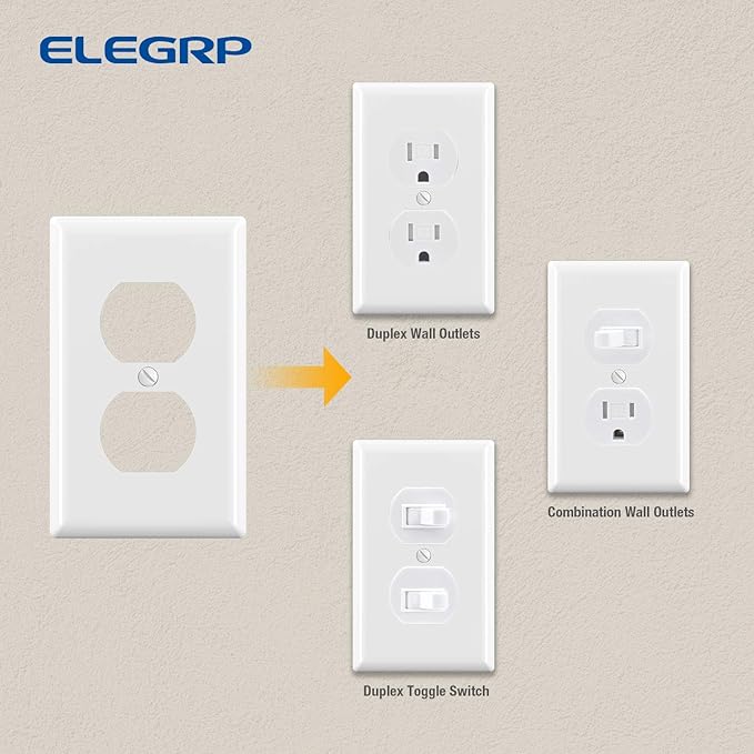 ELEGRP Duplex Receptacle Outlet Covers, 1-Gang Standard Size Wall Plates, Unbreakable Polycarbonate Dual Outlet Faceplates Covers, UL Listed, Color-matched Screws Included (1 Pack, Glossy White)