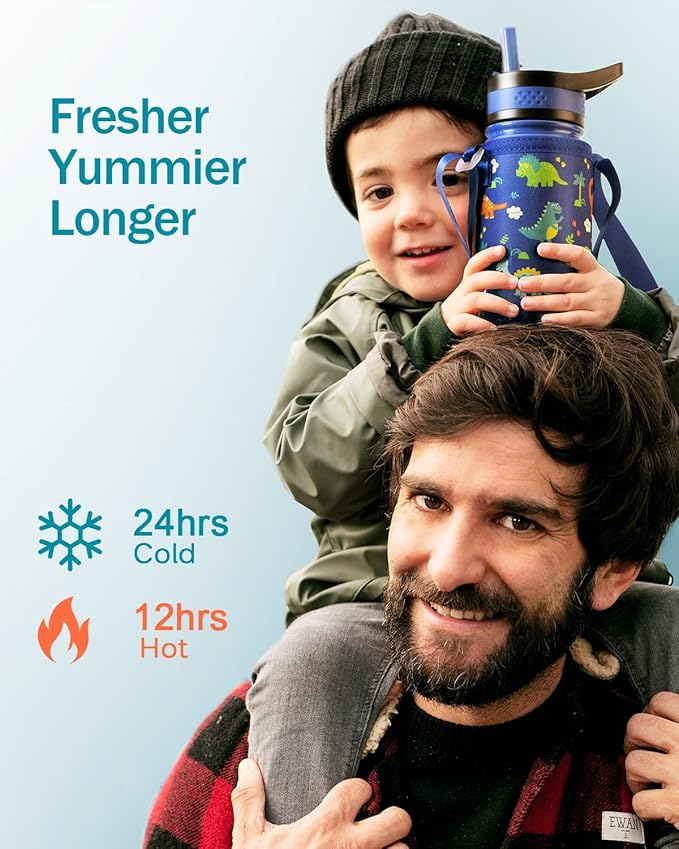 BUZIO Kids Water Bottle with 2 Tritan Straw Lids and a Carrying Pouch for shcool, 14oz Insulated Stainless Steel Toddler Tumbler, Leak Proof Cute Metal Water Bottle Boys Girls, Blue